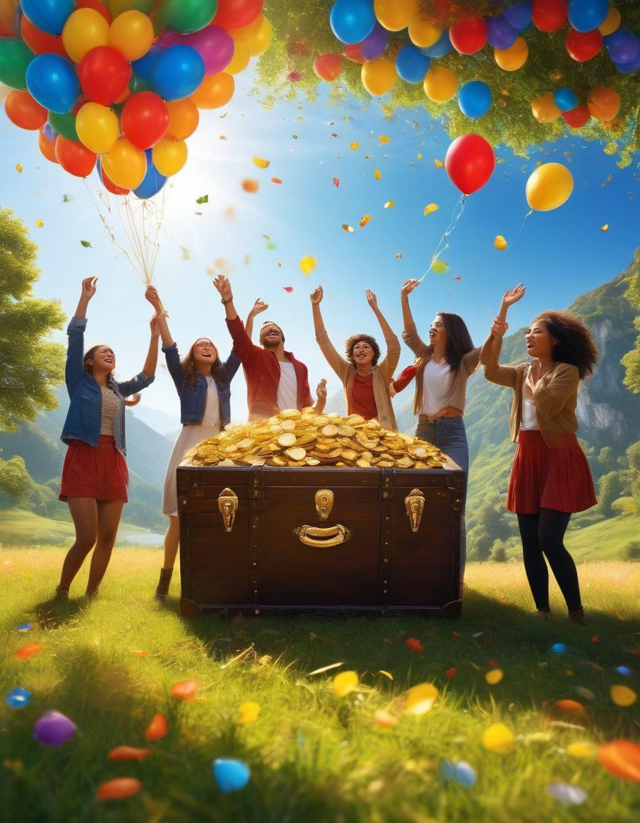 A vibrant scene depicting a diverse group of people joyfully celebrating their financial success, with overflowing treasure chests and golden coins sparkling in the sunlight. In the background, a lush landscape symbolizes growth and prosperity, intertwined with symbols of happiness like balloons and confetti. The atmosphere is energetic, conveying a sense of achievement and elation. super-realistic. vibrant colors. bright background.