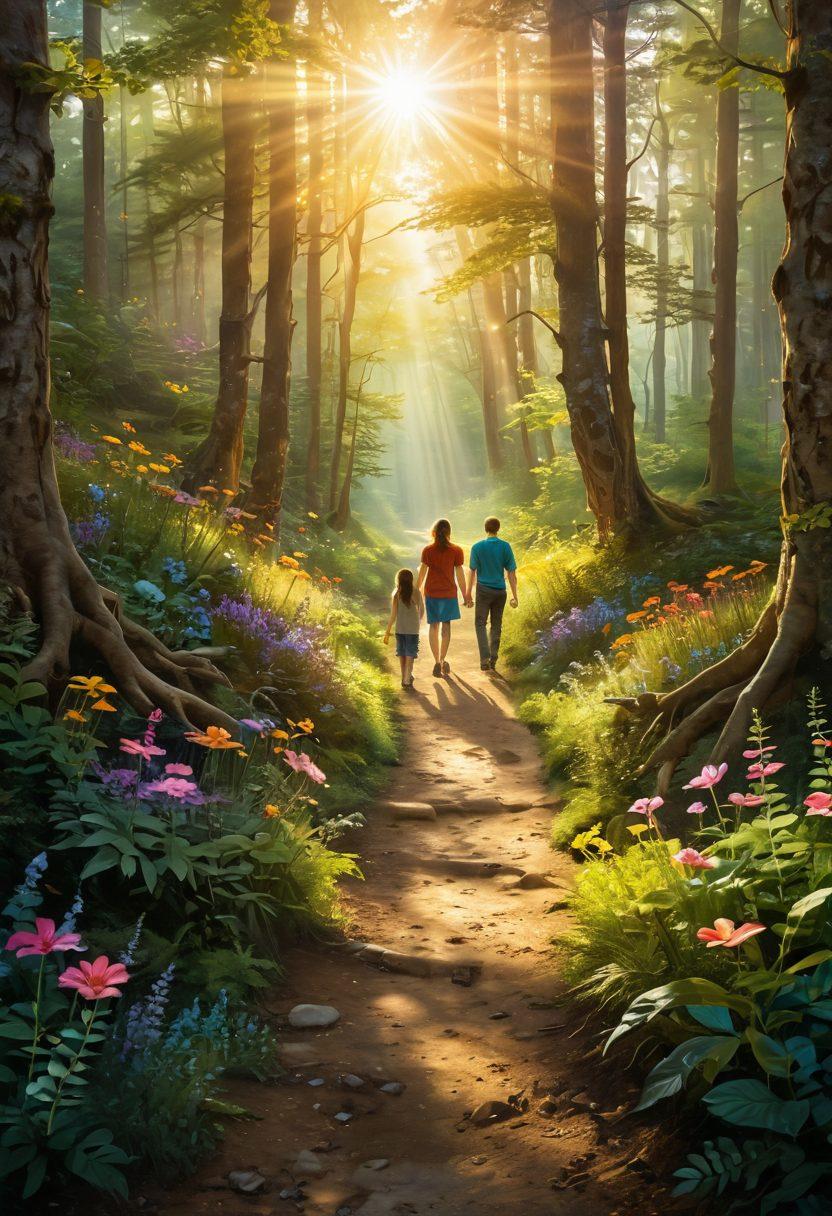 A vibrant path through a sunlit forest, with whimsical, smiling creatures celebrating along the way. Golden rays of sunlight beam down, illuminating the joyous expressions of people walking hand-in-hand, symbolizing happiness. Bright flowers bloom alongside the path, representing growth and prosperity. In the distance, a radiant sunrise casts a hopeful glow, suggesting success on the horizon. surrealism. bright colors. dreamy atmosphere.