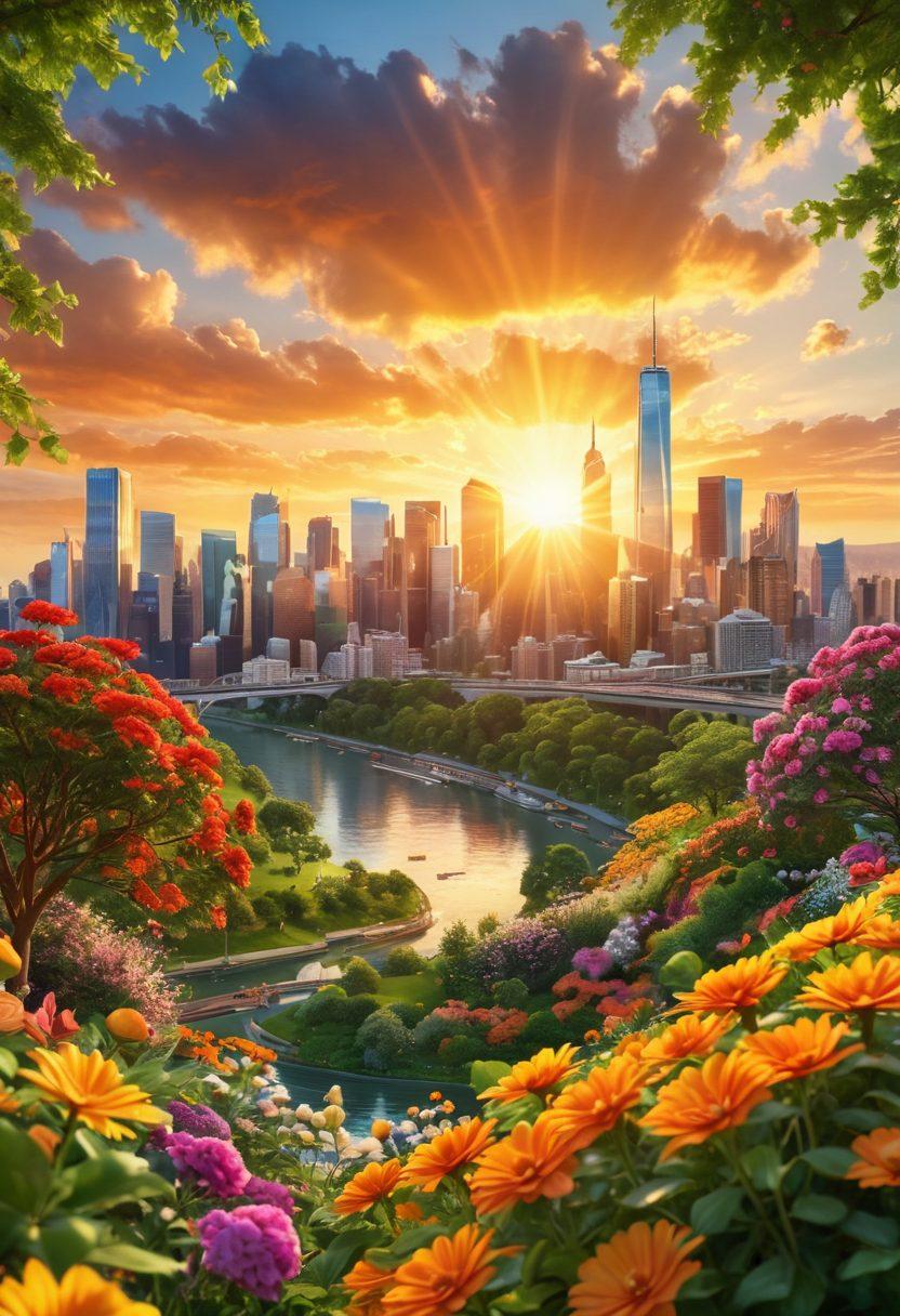 A vibrant sunrise casting golden rays over a flourishing city skyline, symbolizing growth and prosperity. In the foreground, a diverse group of people joyfully sharing ideas and celebrating achievements, surrounded by lush greenery and blooming flowers. Bright colors and uplifting imagery showcase the link between happiness and financial success. super-realistic. vibrant colors. 3D.